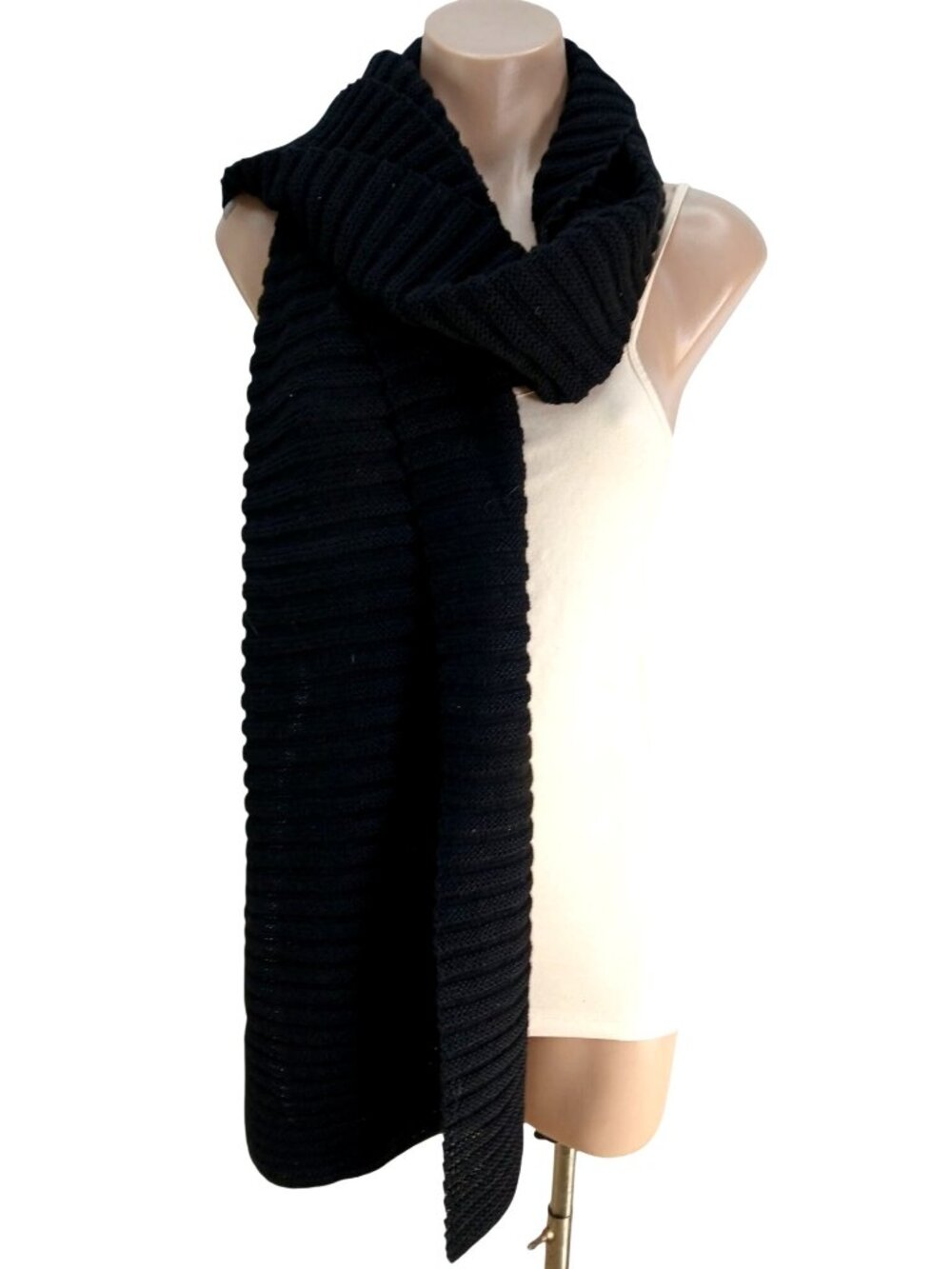 Andes Gifts Ribbed Black Knit Scarf Chunky Recycled Polyester Alpaca 66x16"